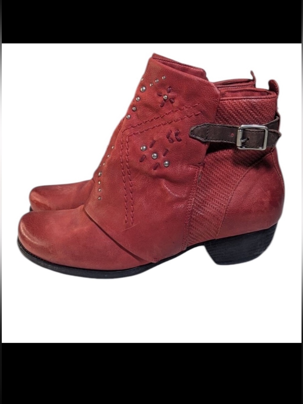 Miz Mooz Red Leather Floral Studded Ankle Booties Buckle Low Heel EU 38 US 8